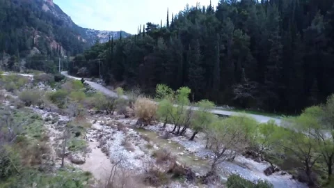 Aerial View of a River Flowing Through a Mountain Forest Vídeo Stock 305235654