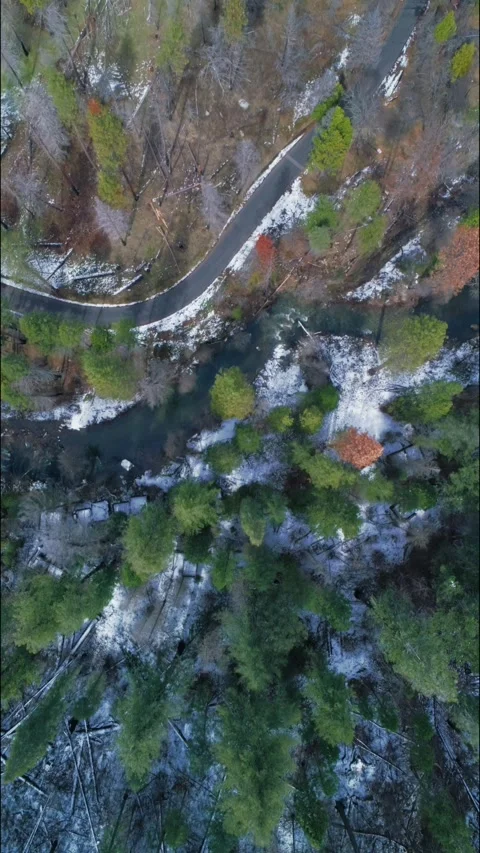 Aerial view of a river flowing through a snowy forest. Yosemite, USA Stock Footage 314402748