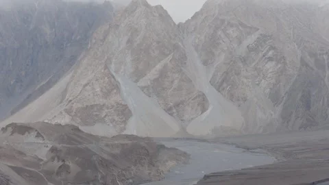 Aerial View of a River Flowing Through a Mountainous Landscape in Pakistan Stock-Footage 314455940
