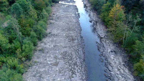Aerial view of river flowing through forested valley, Slovenia Stock Footage 324525847