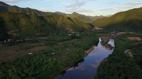 Aerial View of River Flowing Through Mountain Valley in Vietnam Stock Footage 336610456