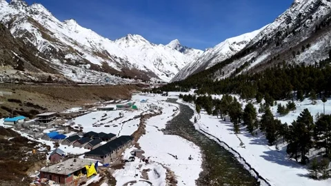 Aerial View of River Flowing Through Snow Covered Land Stock Footage 341115180