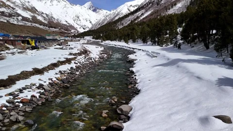 Aerial View of River Flowing Through Snow Covered Land Stock Footage 341115376