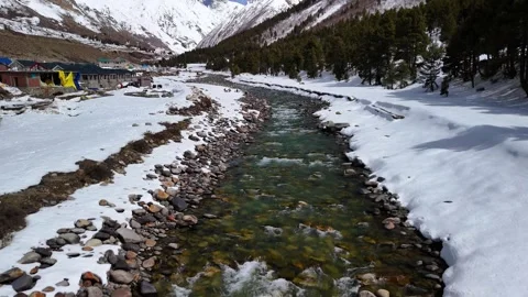 Aerial View of River Flowing Through Snow Covered Land Stock Footage 341115383