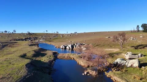 Aerial View of River Flowing Through Grassy Rolling Countryside Hills Stock Footage 346271047