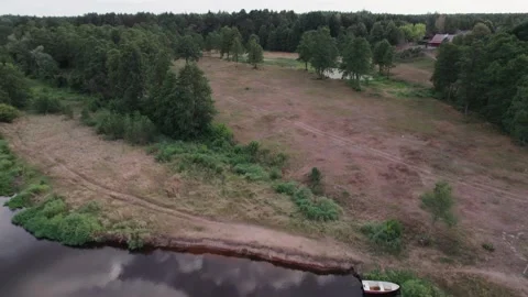 Aerial view of the river in the forest. Narwa river, Poland. 4K Stock Footage 205322330