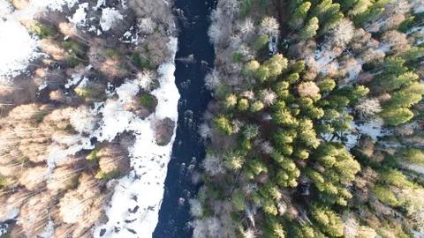 Aerial view of a river in the forest with snow along the banks. Stock Photos