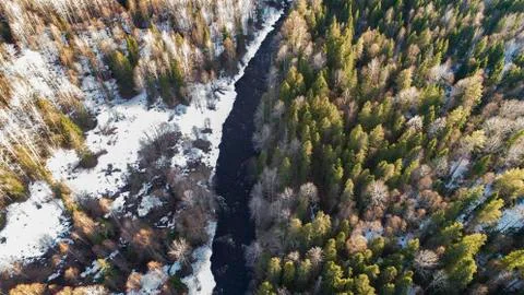 Aerial view of a river in the forest with snow along the banks. Stock Photos