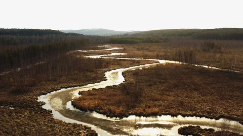 Aerial view of the river in the form of a snake in the field. Stock Footage 107500955