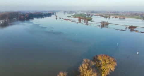 Aerial view of river IJssel of high water, Welsum. Stock Footage 199788671