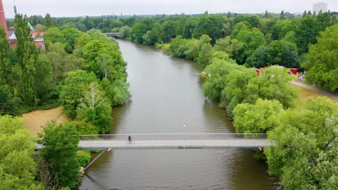 Aerial View River Leine Hanover Pedestrian Bridge 動画素材 338986987