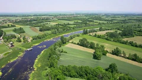 Aerial view of river meandering through countryside near village Zasavica Stock-Footage 263139770