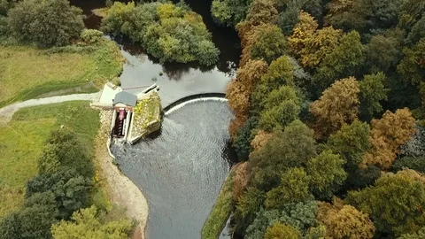 Aerial view of a river micro hydropower installation Stock-Footage 101650522