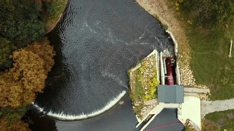 Aerial view of a river micro hydropower installation Vídeos de archivo 101650587