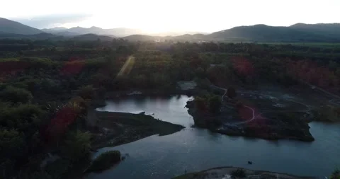 Aerial view river mountain sunset light nature landscape Stock Footage 134449166
