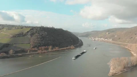 Aerial View Of River With Moving Barges, Trains, And Clouds Above. Stock Footage 297920432