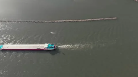 Aerial View Of A River With Moving Barges And Detailed Barge Close-Up. Video stock 297920841