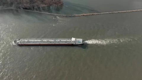 Aerial View Of A River With Moving Barges And Detailed Barge Close-Up. Video stock 297921249