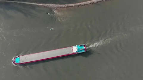 Aerial View Of A River With Moving Barges And Detailed Barge Close-Up. Stock Footage 297922496
