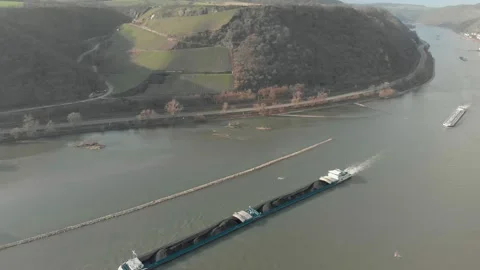 Aerial View Of River With Moving Barges, Trains, And Clouds Above. Stock Footage 297922718