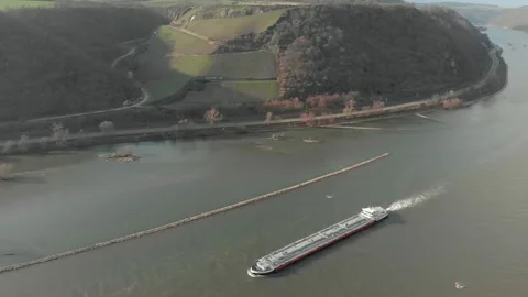 Aerial View Of River With Moving Barges, Trains, And Clouds Above. Stock Footage 297922765
