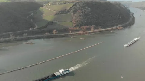 Aerial View Of River With Moving Barges, Trains, And Clouds Above. Stock Footage 297922772