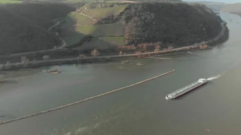 Aerial View Of River With Moving Barges, Trains, And Clouds Above. Stock Footage 297923313