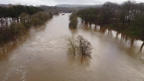 Aerial view of River overflowing from excessive rainfall Stock Footage 85219356