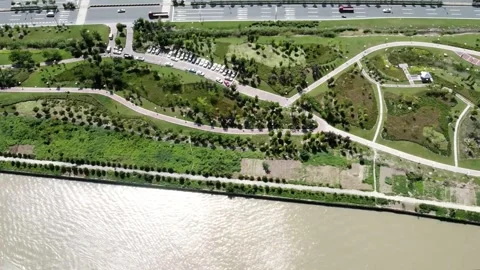 Aerial view of river park and cityscape. Stock Footage 336339657