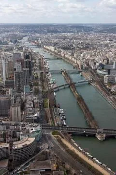 Aerial view of a river passing through a city, Seine River, Paris, France Stock Photos