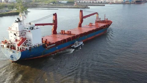 Aerial View of River Pilot Boarding a Cargo Ship from the Pilot Boat Video stock 131691241