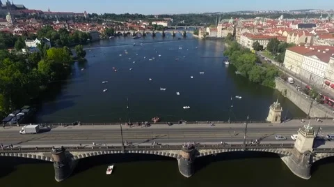 Aerial view of the river in Prague Stock Footage 67898075