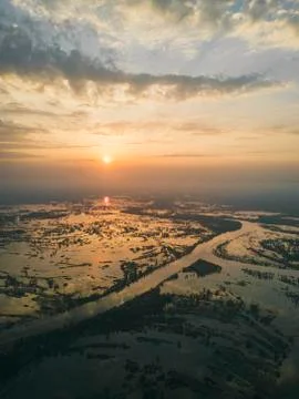 Aerial view. The River in the rays of sunset. Spills and tributaries Stock Photos