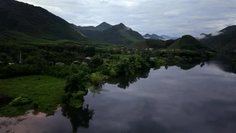 Aerial View Of River Reflections In Mountain Valley Vietnam Stock Footage 336857370