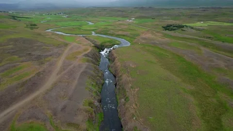 Aerial View River Remote Valley Landscape Iceland. Drone Flight Over Stock Footage 258482355