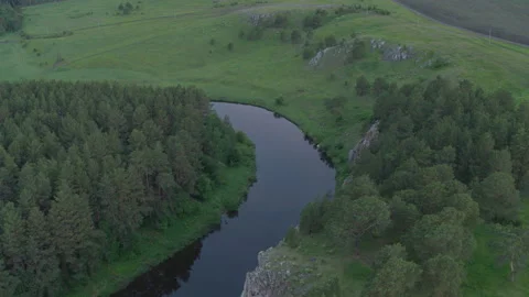 Aerial view of the river with a rock and forest on the banks Stock-Footage 139098097