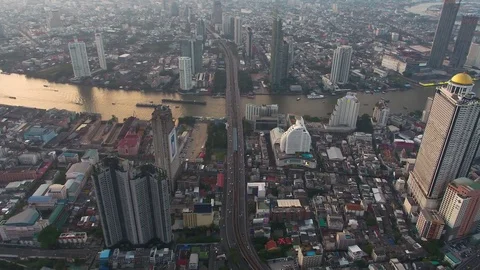 Aerial view of River with Saphan Taksin bridge in Bangkok Thailand Stock Footage 84263053