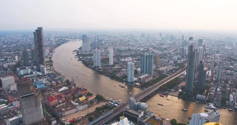 Aerial View Of River With Saphan Taksin Bridge In Bangkok Thailand Stock-Footage 106904161