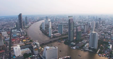Aerial View Of River With Saphan Taksin Bridge In Bangkok Thailand Stock-Footage 106904204