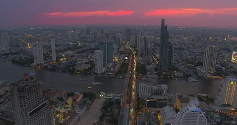 Aerial View Of River With Saphan Taksin Bridge In Bangkok Thailand Stock-Footage 106904252