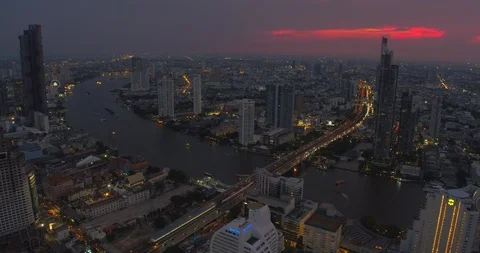 Aerial View Of River With Saphan Taksin Bridge In Bangkok Thailand Stock-Footage 106904289