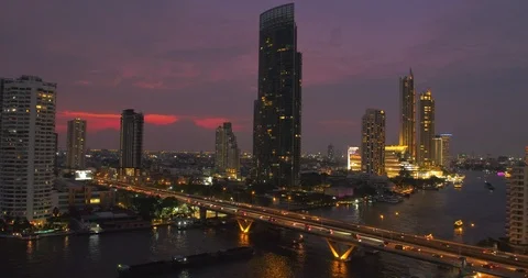 Aerial View Of River With Saphan Taksin Bridge In Bangkok Thailand Stock-Footage 106904337