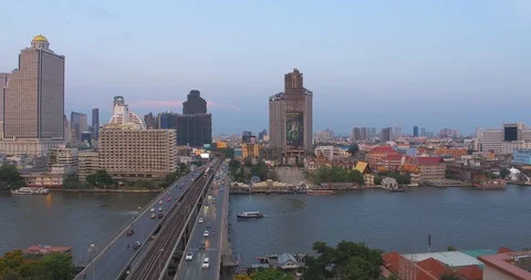 Aerial View Of River With Saphan Taksin Bridge In Bangkok Thailand 스톡 동영상 106904360