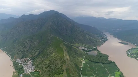 Aerial View of River Scenery of First Bend of Yangtze River Lijiang China Video stock 336882511