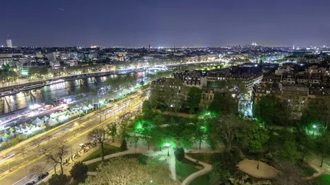 Aerial view of river Seine from the Eiffel tower night timelapse. Paris, France Stock Footage 186068034