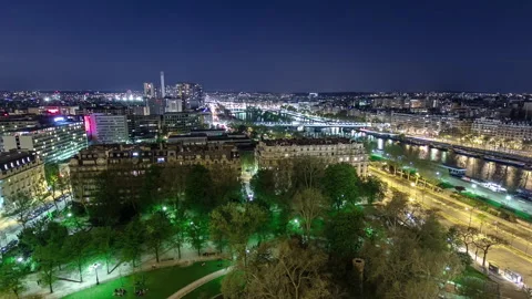 Aerial view of river Seine from the Eiffel tower night timelapse. Paris, France Stock Footage 186068622
