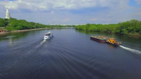 Aerial view of river with ship Stock Footage 63137986
