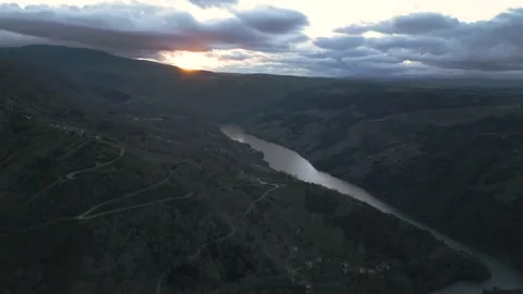 Aerial view of the river Sil in the sunset Stock Footage 237615913
