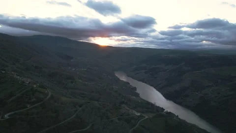 Aerial view of the river Sil in the sunset Stock Footage 237616619