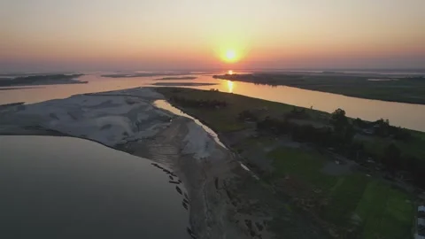 Aerial View of River-Sun Set Landscape in Rural Bangladesh | 4K Drone Footage Stock Footage 314100054